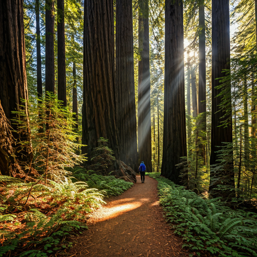 Lone hiker on forest trail