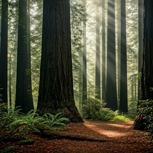 Ancient redwood forest with morning mist and light rays