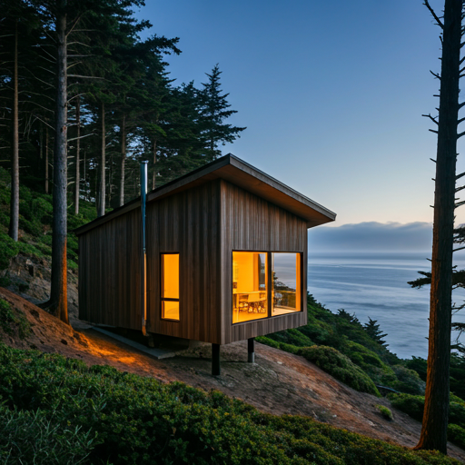 Minimalist cabin in the redwood forest